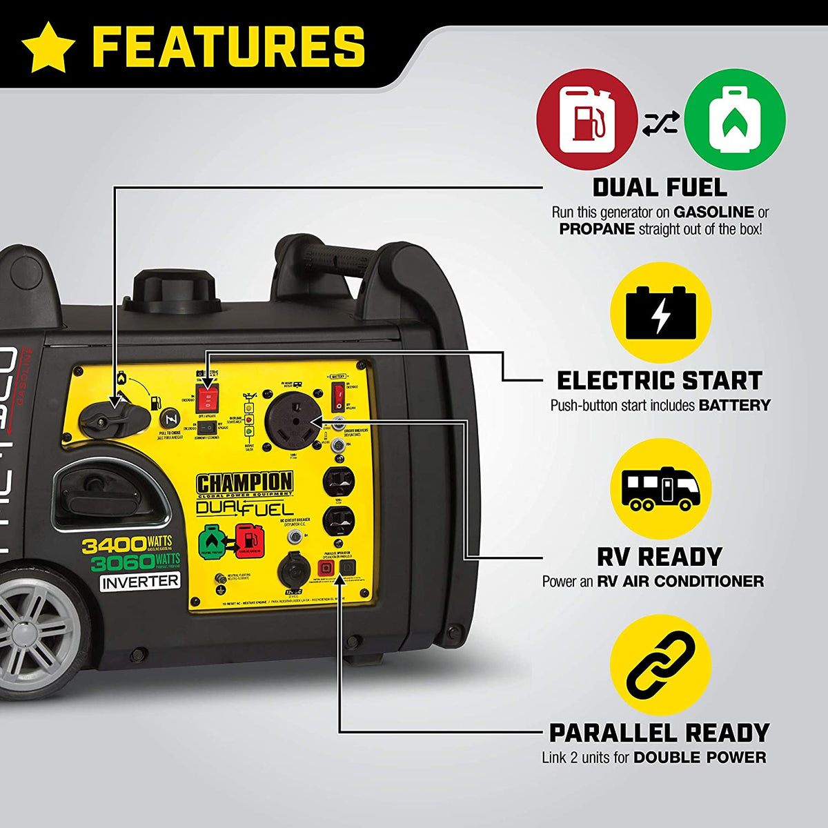 Champion 100263 3100W/3400W Inverter Dual Fuel Electric Start Generator New