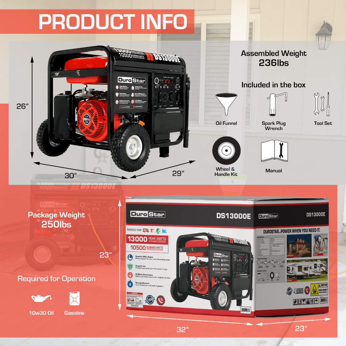 DuroMax / DuroStar DS13000E 10500W/13000W Electric Start Gas Generator New (Red Version of XP13000E)