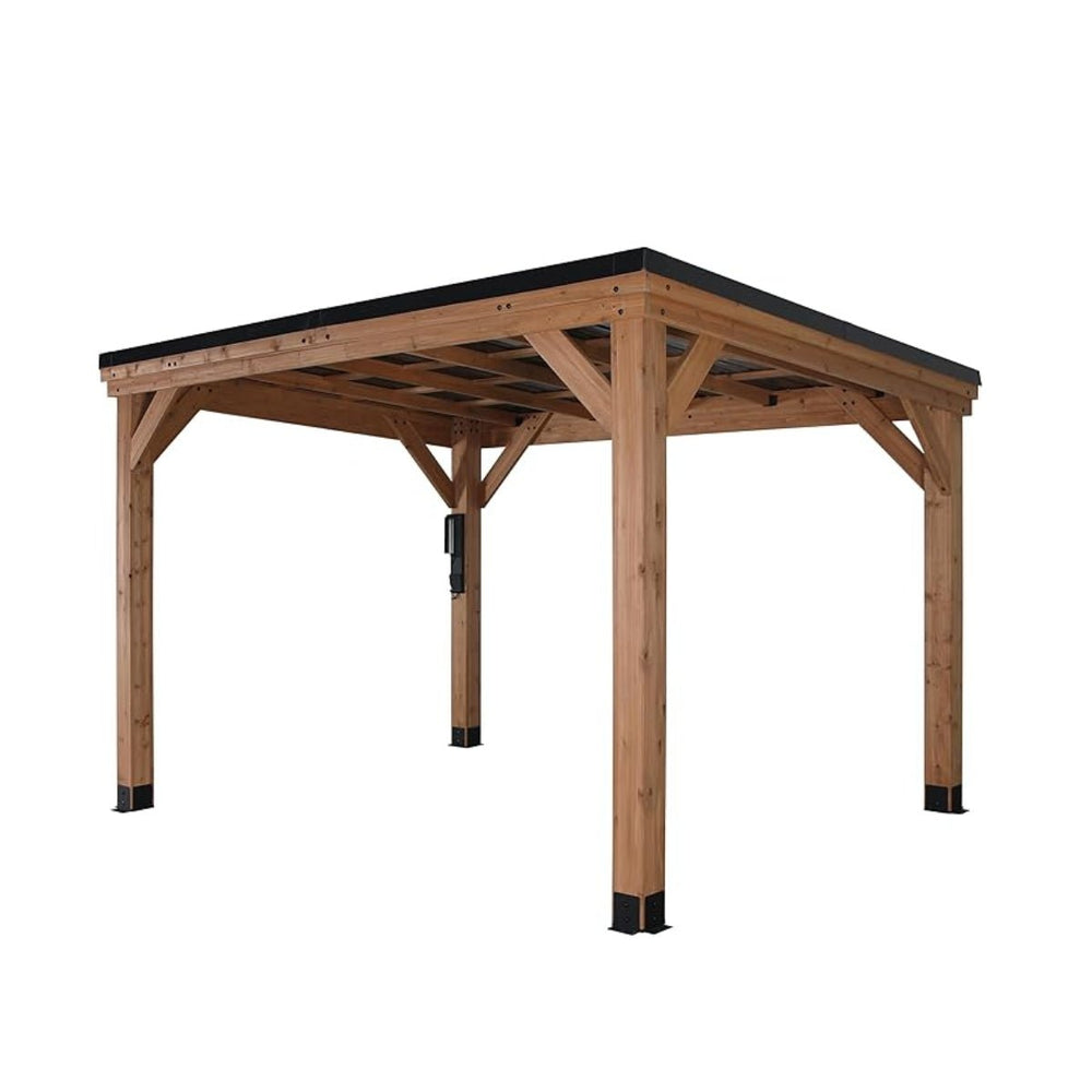The Backyard Discovery 12' x 9.5' Arcadia Slope Roof Cedar Gazebo with PowerPort features a wooden structure with a sloped roof and four sturdy posts, set against a plain white background.