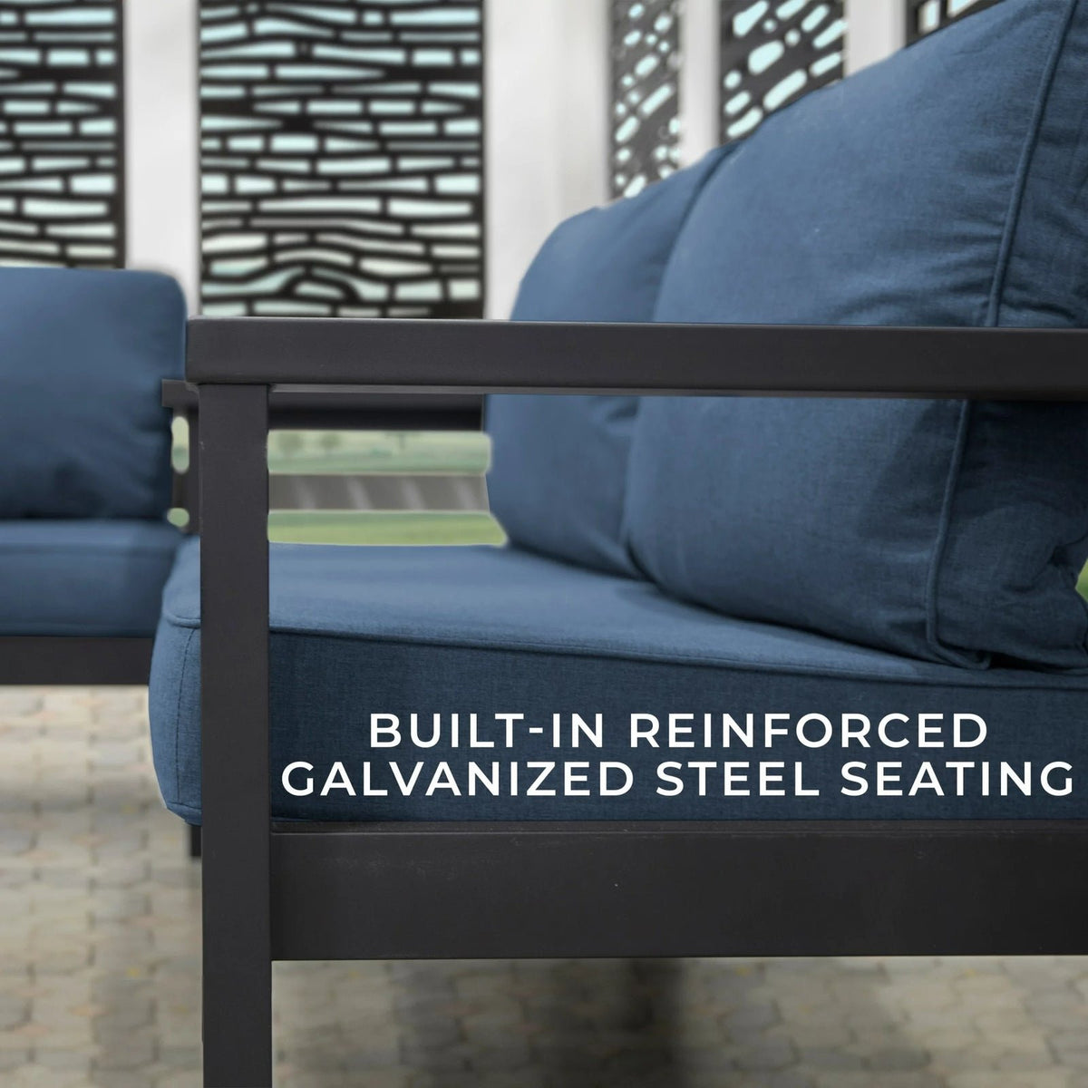 Close-up of blue outdoor sofa with reinforced galvanized steel seating
