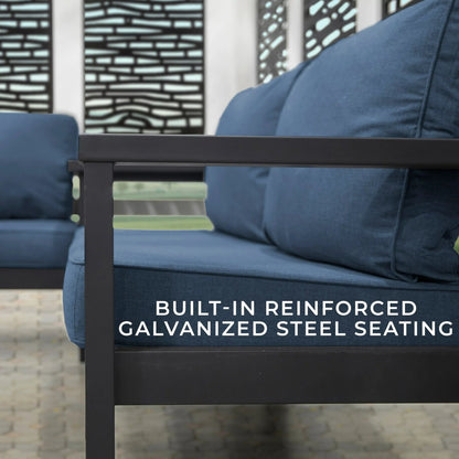 Close-up of blue outdoor sofa with reinforced galvanized steel seating