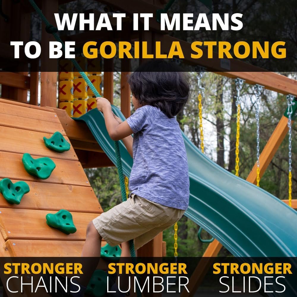 Child climbs wooden playset with green climbing holds and slide, text reads: WHAT IT MEANS TO BE GORILLA STRONG, STRONGER CHAINS LUMBER SLIDES.