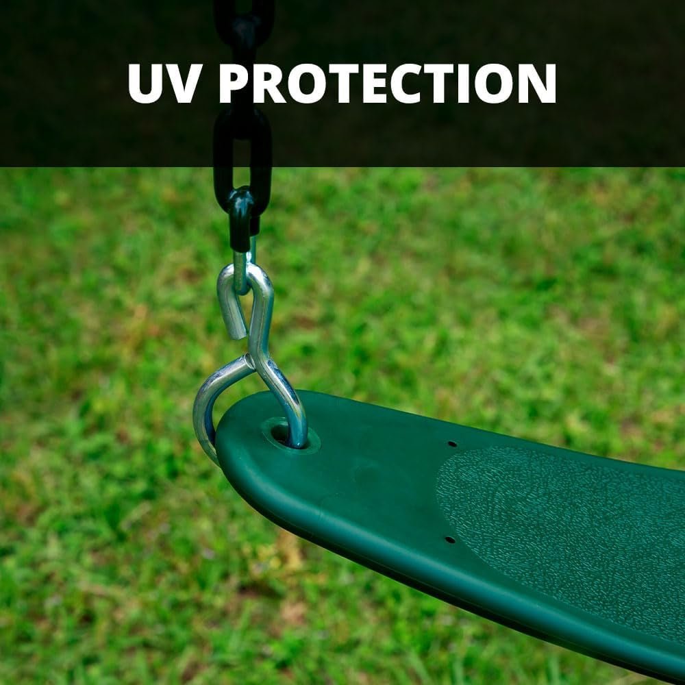 Green swing seat hangs from a metal chain against blurred green grass; text overlay reads "UV PROTECTION".