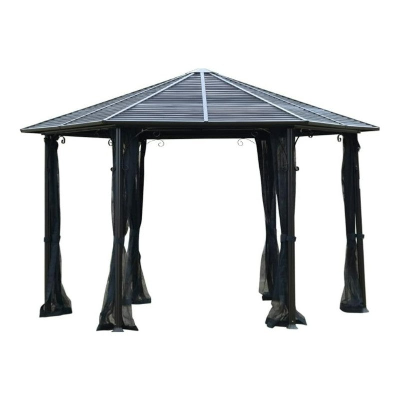 A 13 ft hardtop hexagonal gazebo canopy featuring a black aluminum alloy frame, a sloped steel roof, and mesh sidewalls draped from each corner. The structure is open on all sides, with curtains tied neatly to the posts.
