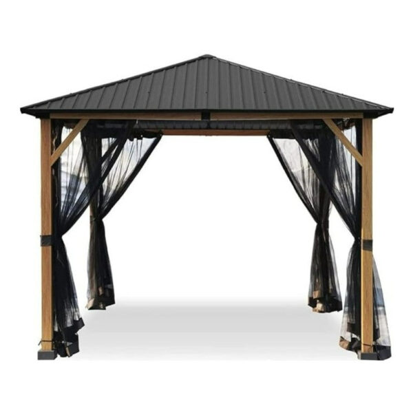 A 10 ft x 10 ft Wood Grain Outdoor Patio Gazebo with a black metal roof and sheer black curtains tied to each corner, standing on a white background.