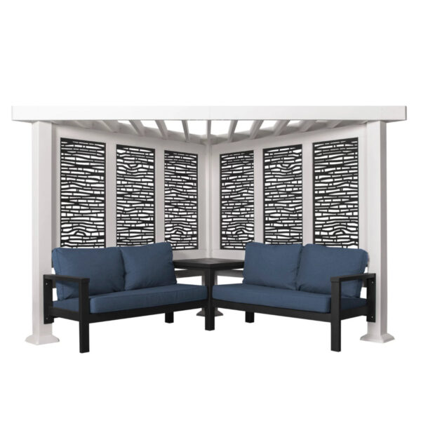 A Backyard Discovery Ridgedale Traditional Pergola with Built-in Conversation Seating creates an inviting outdoor retreat, sheltering two sofas with blue cushions and a matching corner table.